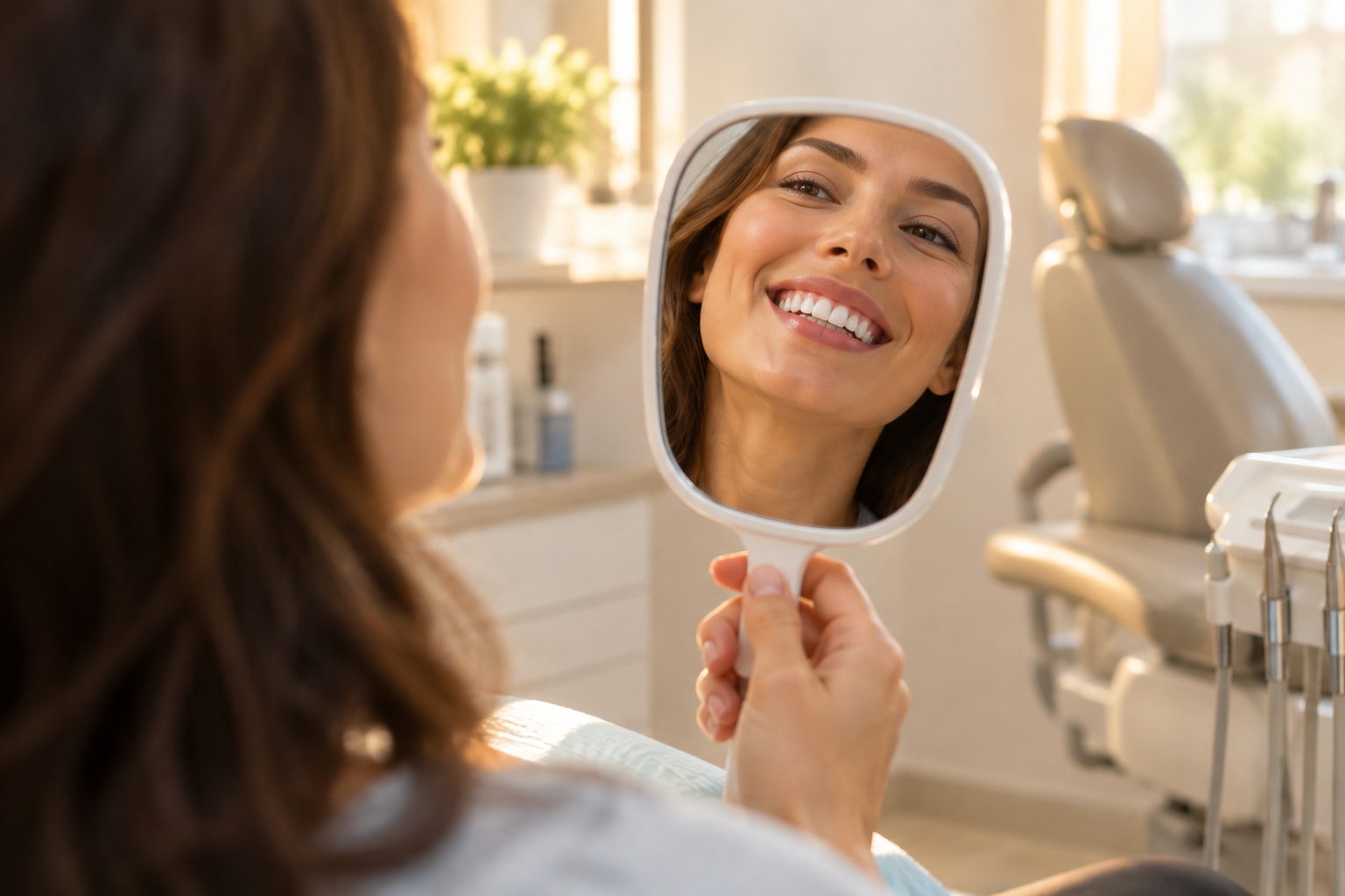 Smiling woman in a dental chair admiring her new smile in a hand mirror after crowns or veneers in South Philadelphia