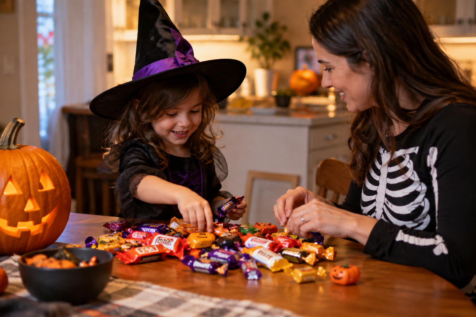 Young girl in a witch costume sorting Halloween candy with her mom at the kitchen table, a healthy-teeth habit for South Philadelphia kids