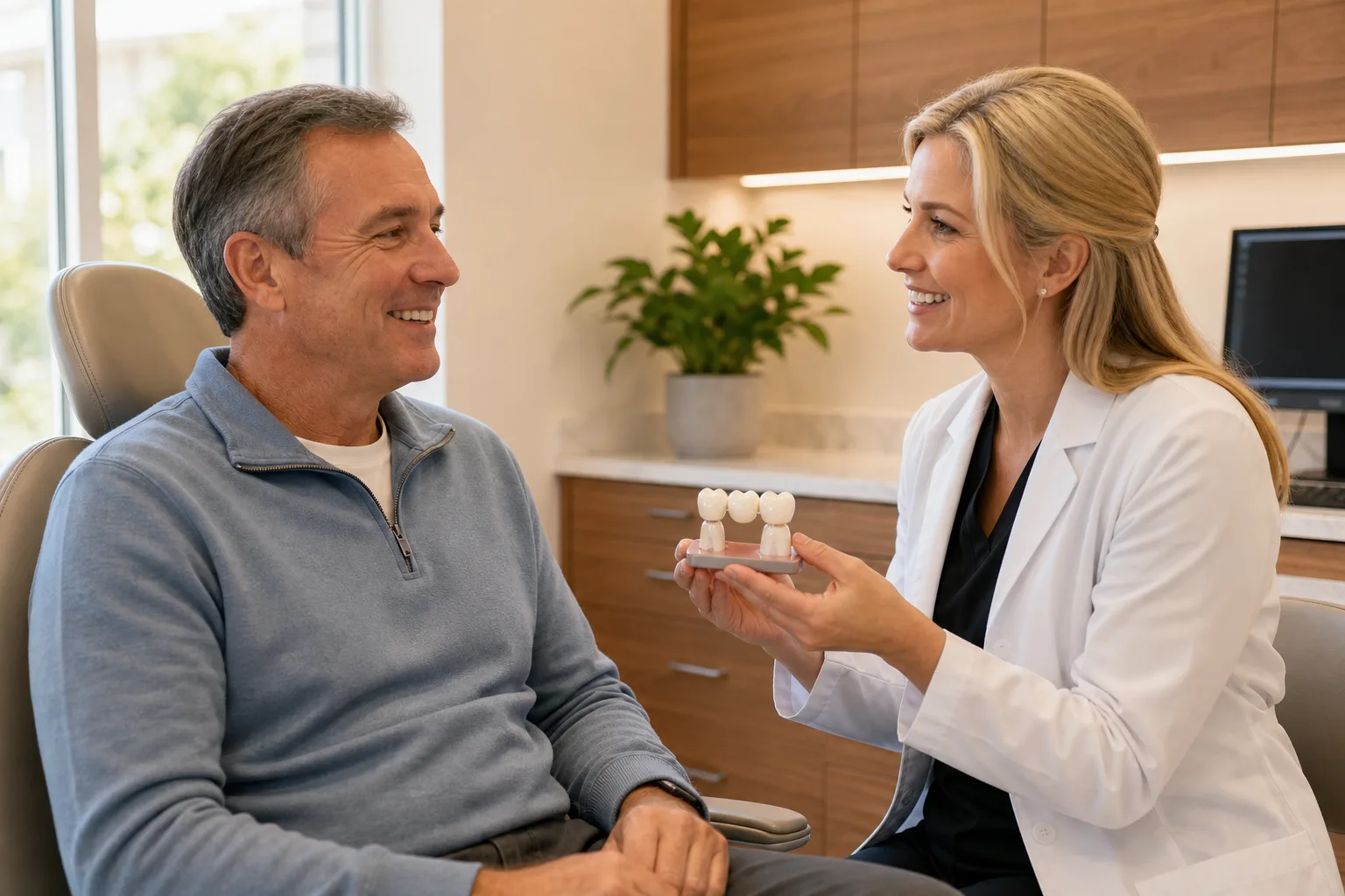 A dentist discussing a dental bridge model with a patient during a consultation