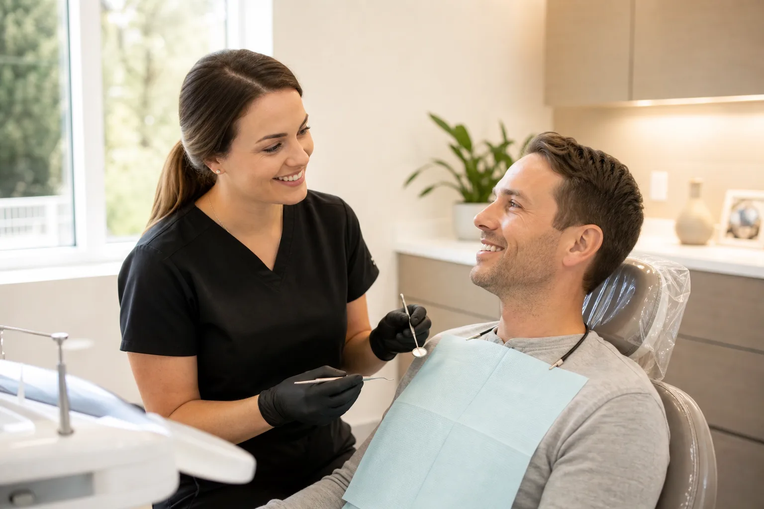 A dental hygienist performing a gentle cleaning for a smiling patient