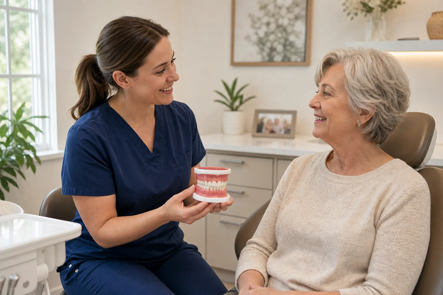 A dentist showing a patient a natural-looking denture during a consultation