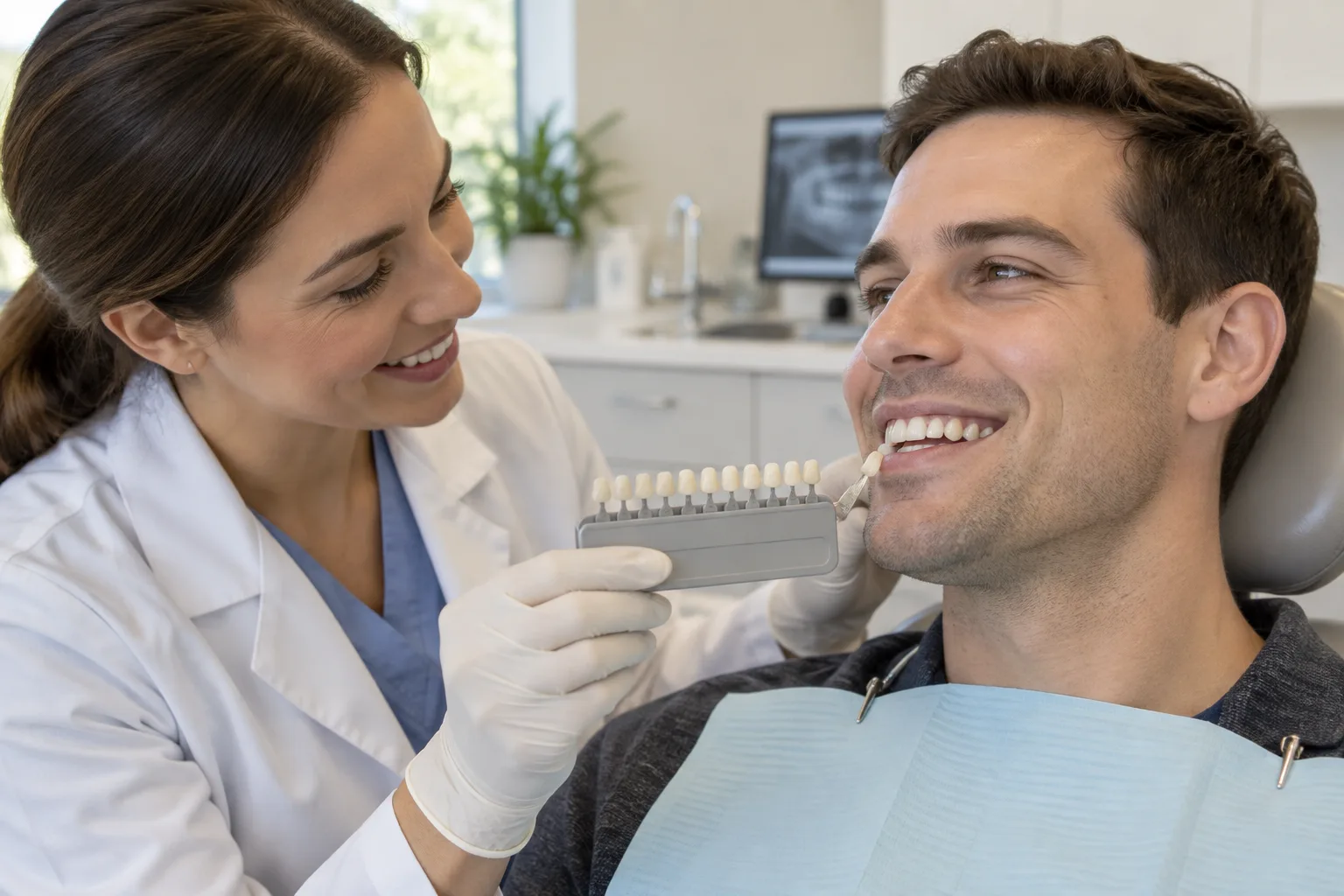 A dentist matching a tooth-colored composite filling shade for a smiling patient
